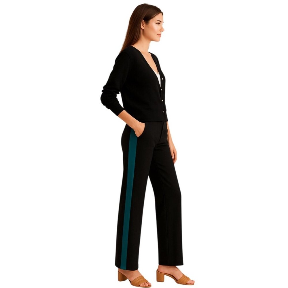 Blugirl Black Straight Leg Trousers With Teal-Blue Satin Stripe Size 6 New - Picture 2 of 14